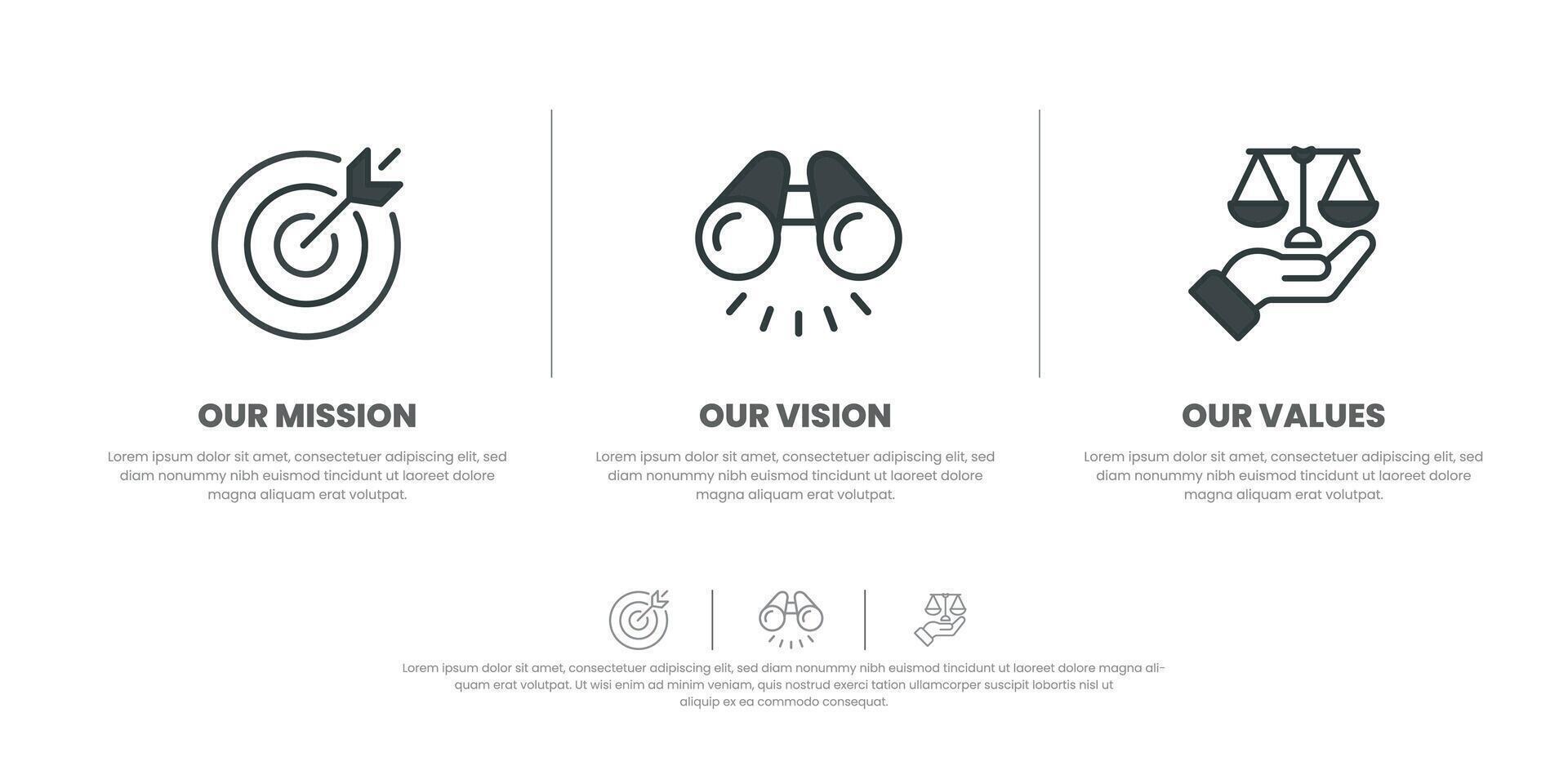 missão visão valores infográfico bandeira modelo companhia objetivo infográfico Projeto com plano ícone vetor