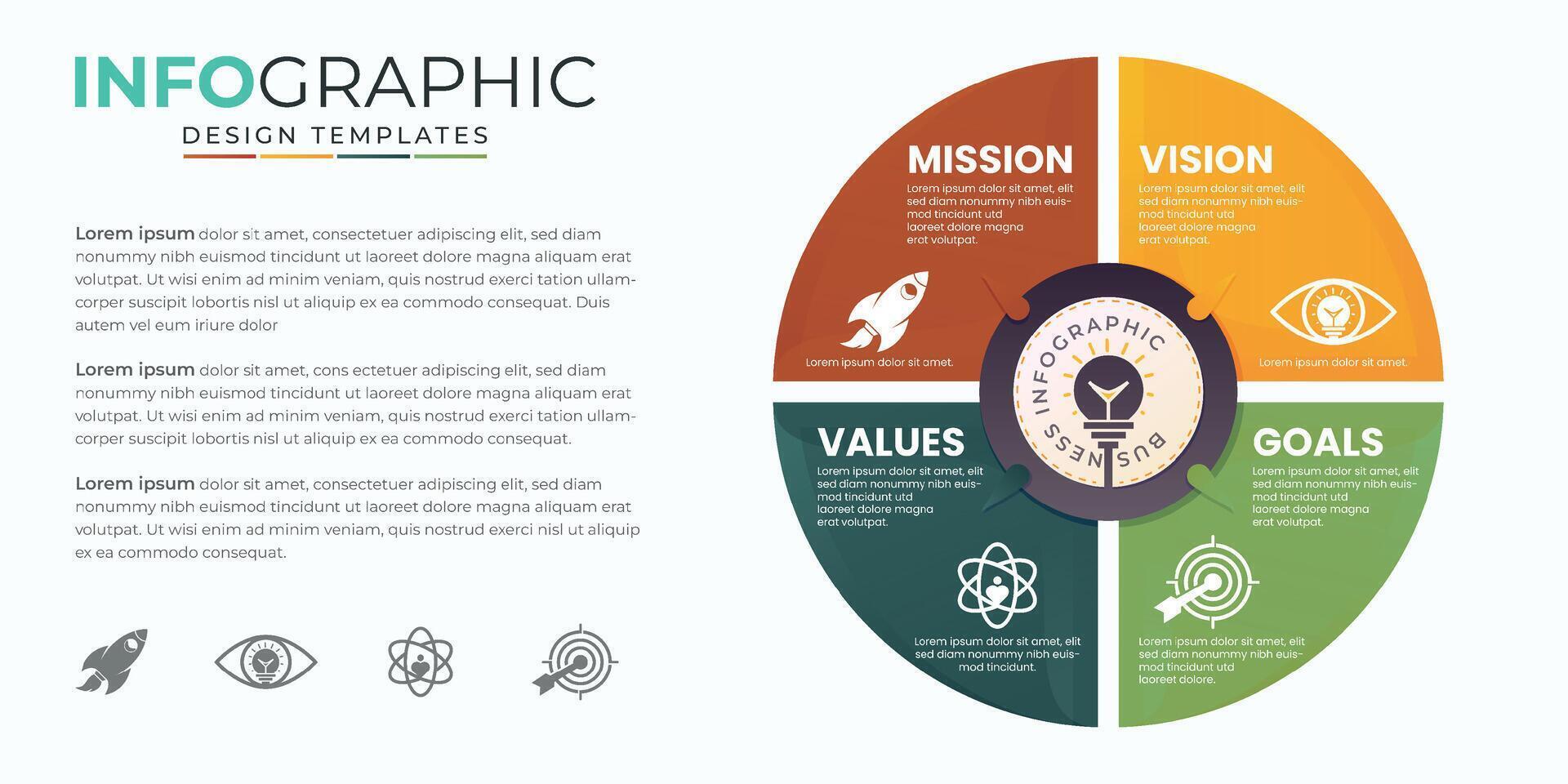 missão visão valores metas infográfico modelo. companhia objetivo infográfico Projeto com moderno plano ícone Projeto. ilustração infográfico ícone vetor