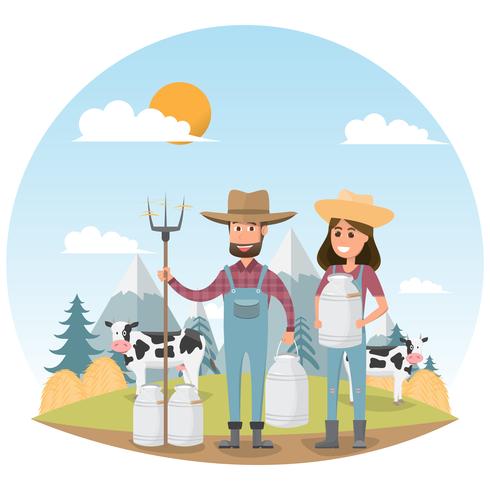 personagem de desenho animado de agricultor com leite vaca em fazenda rural orgânico vetor