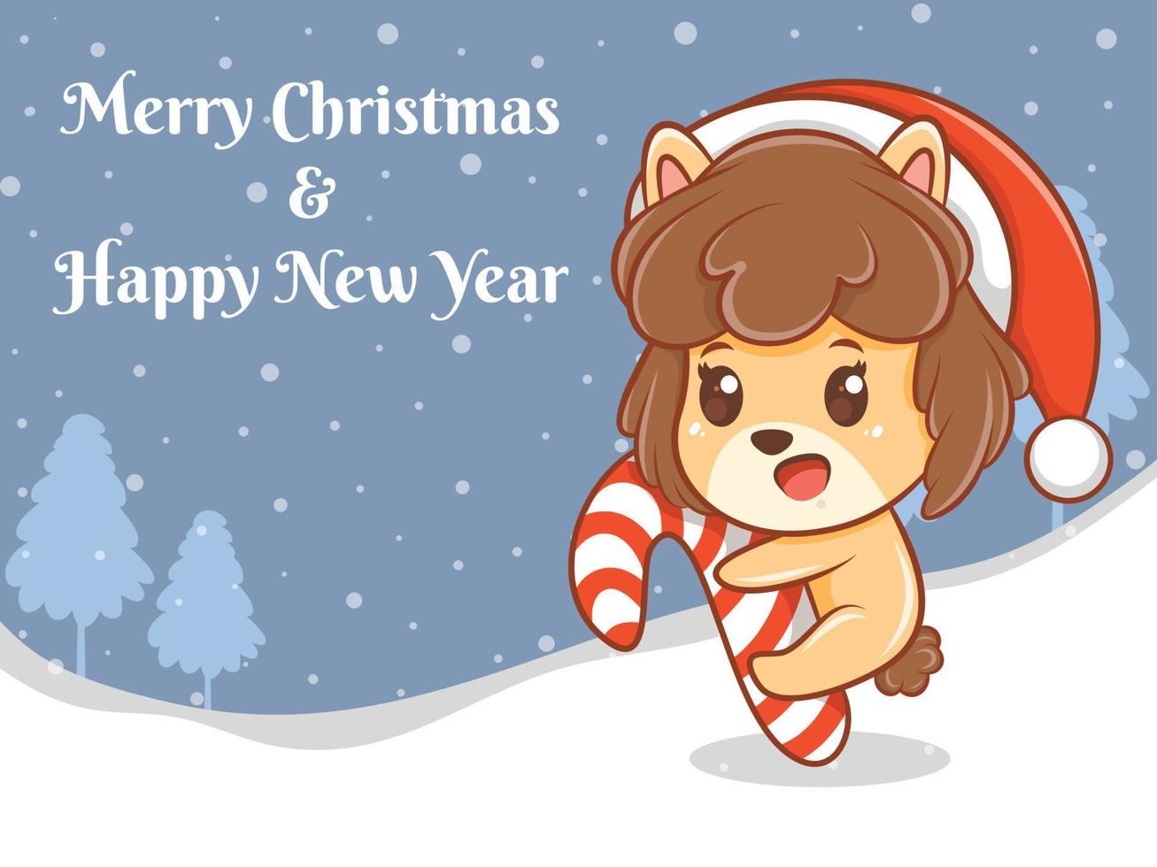 personagem de desenho animado de filhote de cachorro bonito com feliz Natal e banner de saudação de feliz ano novo. vetor