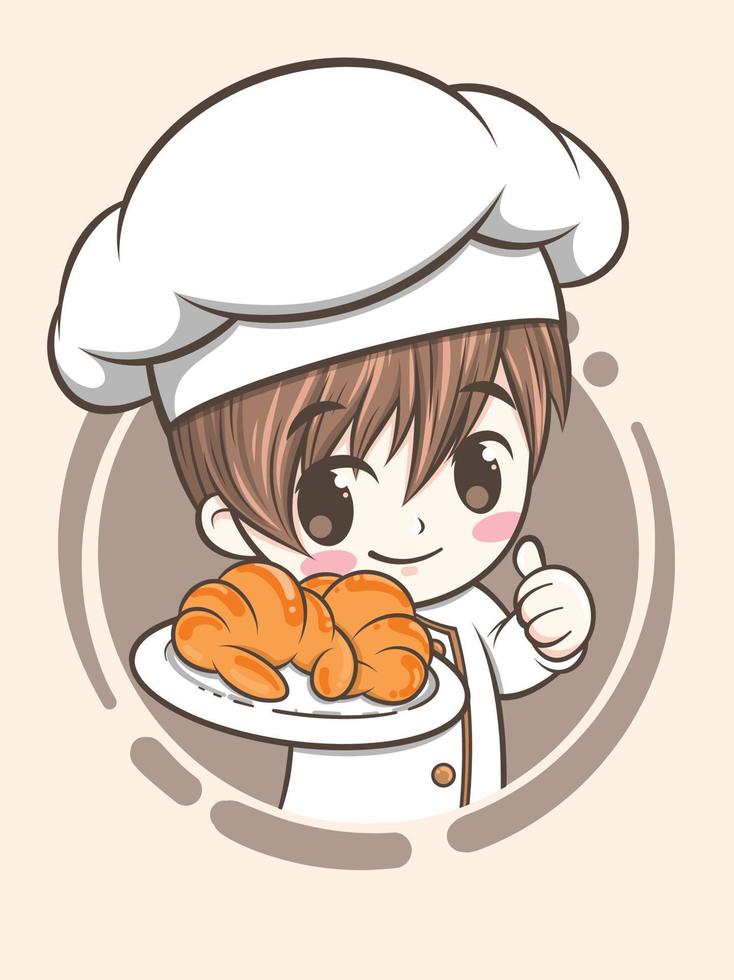 menino chef de padaria fofo segurando um bolo e pão - personagem de desenho animado e ilustração do logotipo vetor