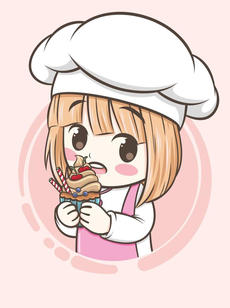 garota fofa do chef de padaria segurando um bolo e um pão - personagem de desenho animado e ilustração do logotipo vetor