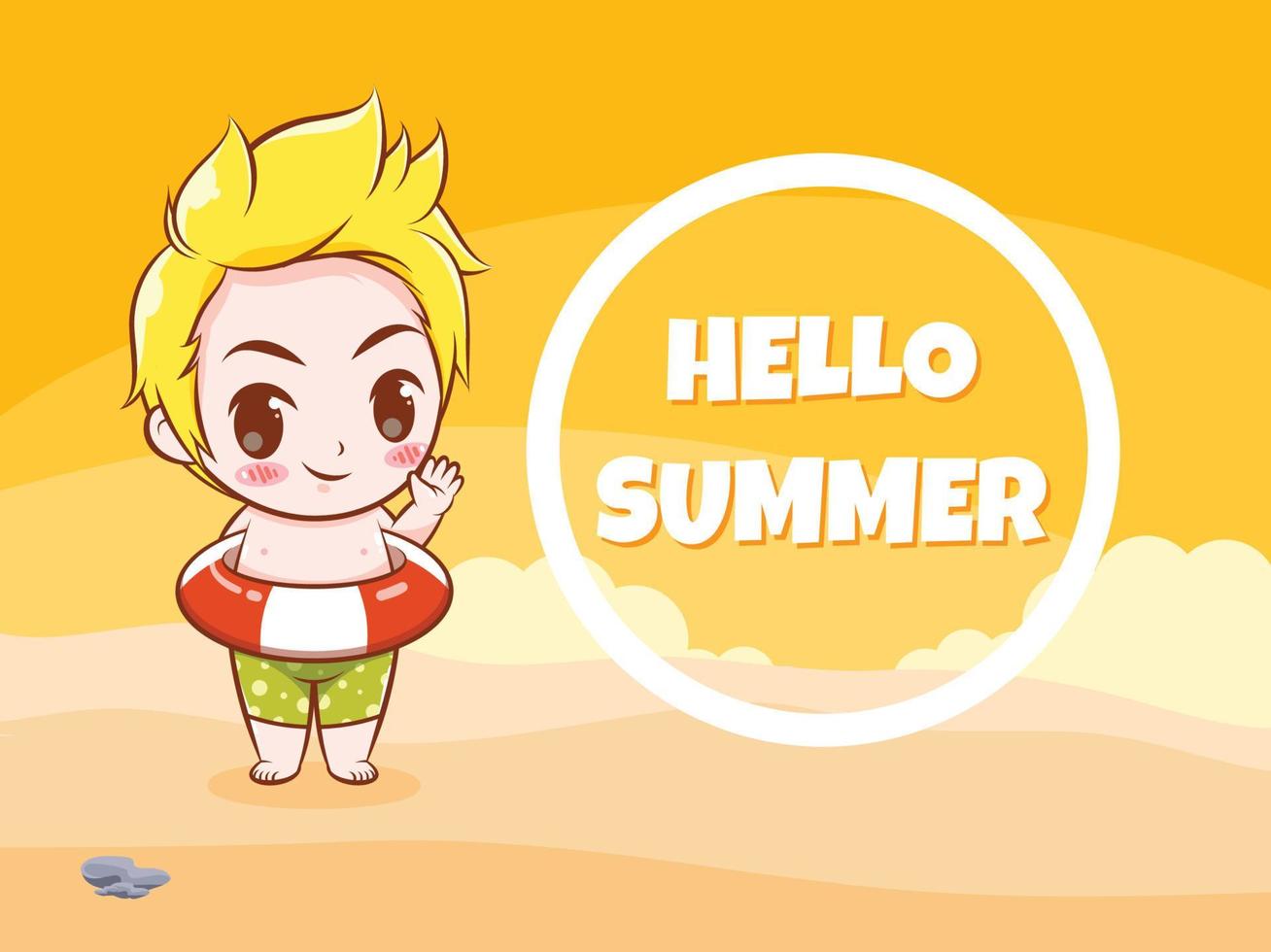 um menino bonito diz olá verão. ilustração do conceito de saudação de verão. vetor
