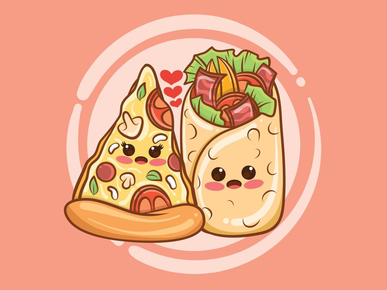 conceito de casal de fatias de pizza e kebab fofo. desenho animado vetor