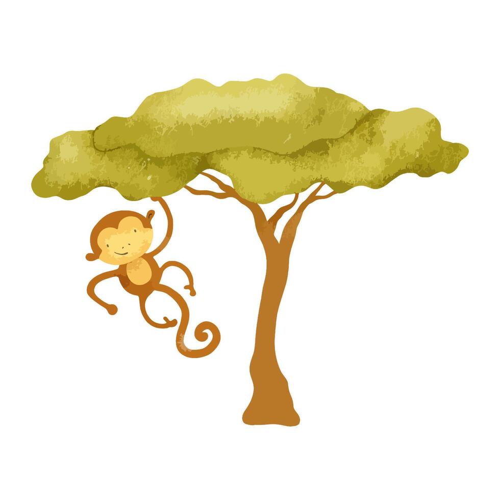 fofa macaco suspensão em árvore. isolado mão desenhado aguarela ilustração do sagui dentro crianças estilo. africano selvas animal. elemento do Projeto bebê chuveiro cartões, cartazes, criança bens e quartos vetor