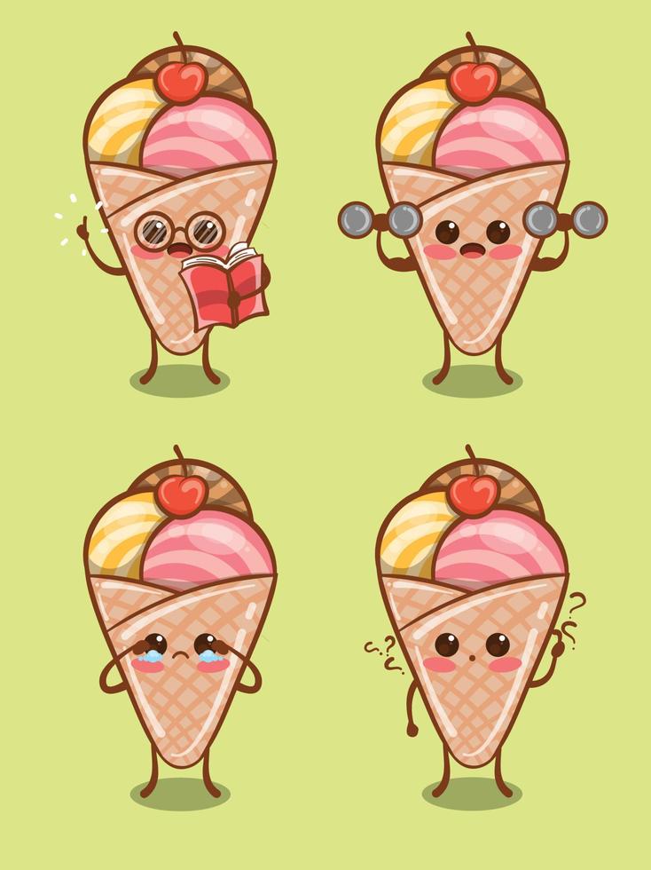 conjunto de sorvete fofo toda expressão. desenho animado vetor