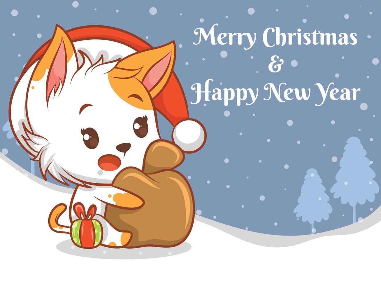 personagem de desenho animado de gato bonito com feliz Natal e banner de saudação de feliz ano novo. vetor