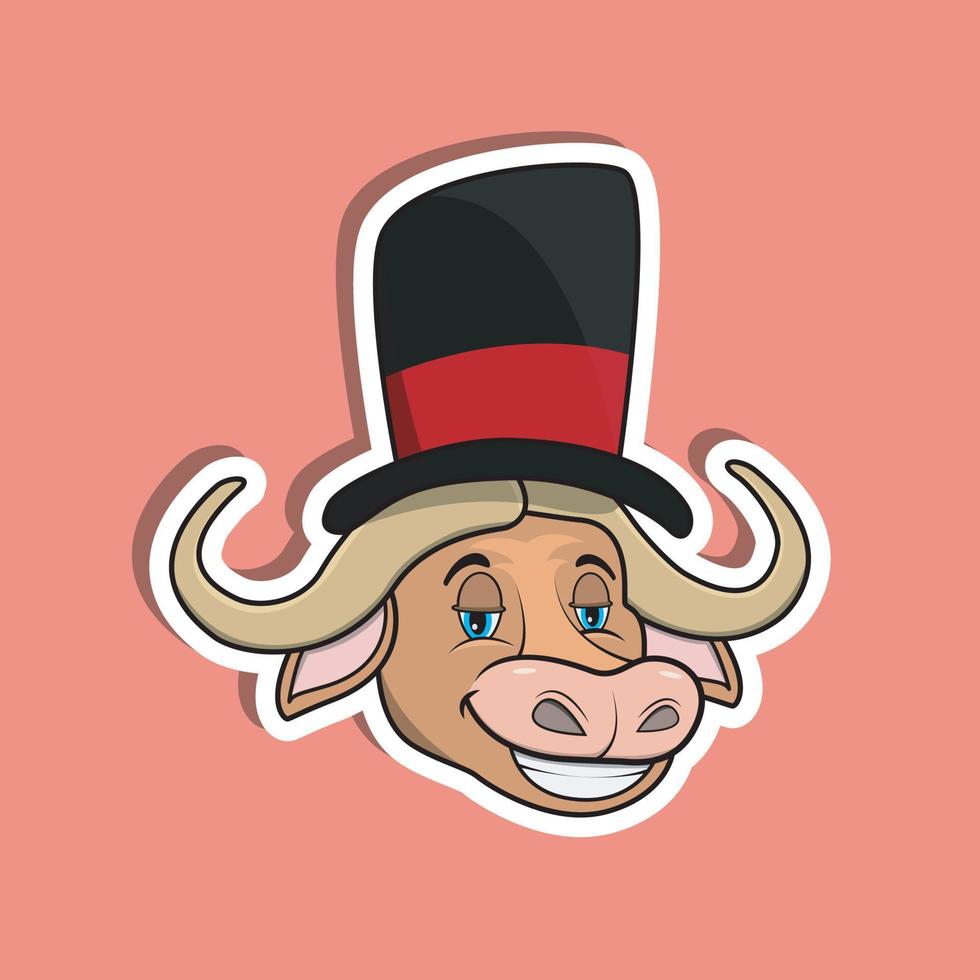 adesivo de rosto de animal com búfalo usando chapéu de circo. Design de personagem. vetor