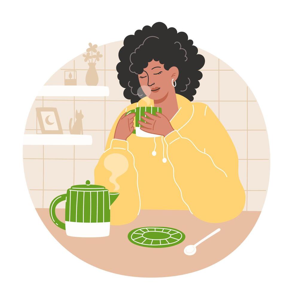 africano americano mulher bebendo chá dentro uma acolhedor cozinha vetor