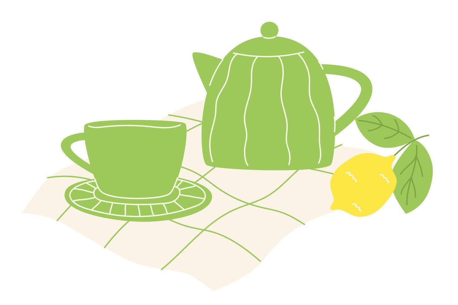 brilhante chaleira e copo conjunto com quente chá e limão vetor