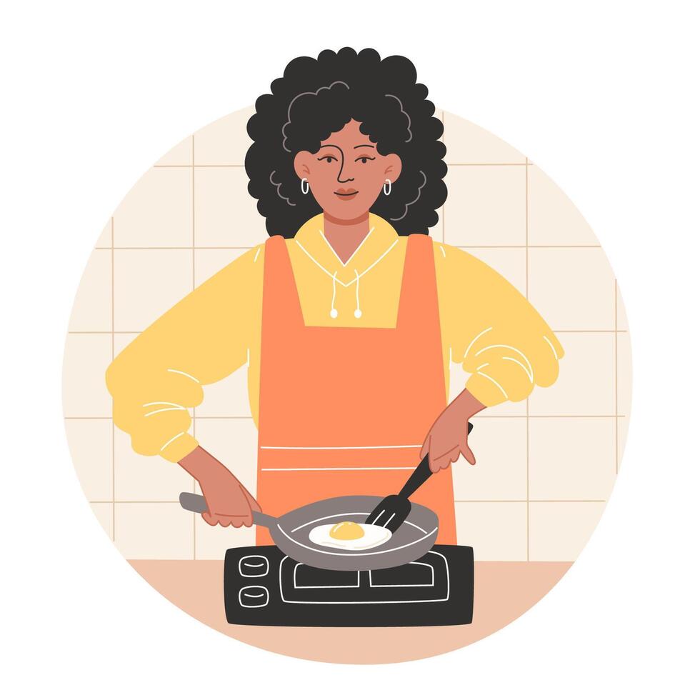 africano americano mulher preparando café da manhã e fritar mexidos ovos dentro uma acolhedor cozinha vetor