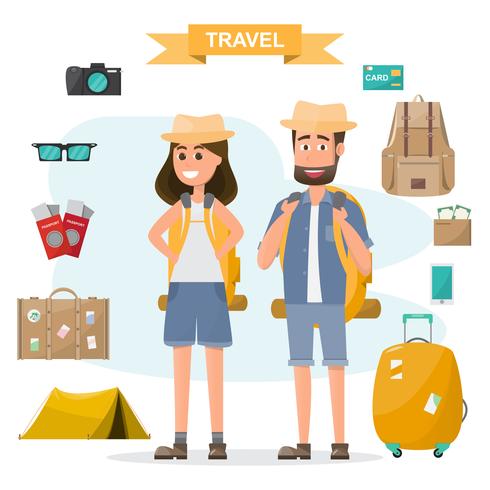 as pessoas viajam. casal com mochila e equipamento conjunto ir para viajar de férias vetor