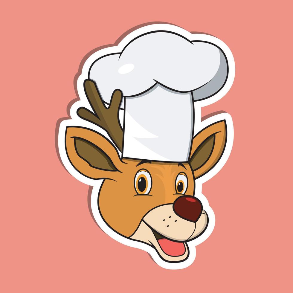 adesivo de rosto de animal com veado usando chapéu de chef. Design de personagem. vetor