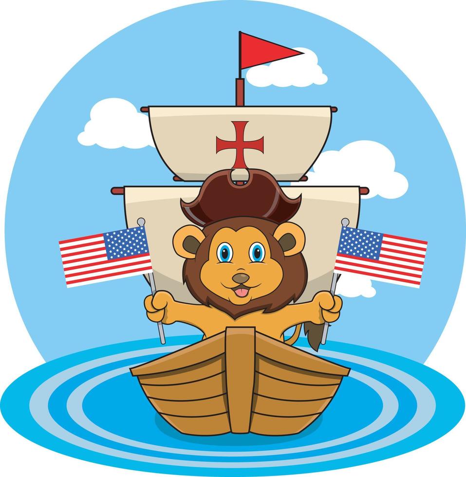 feliz dia de columbus américa com leão fofo e navio no mar vetor