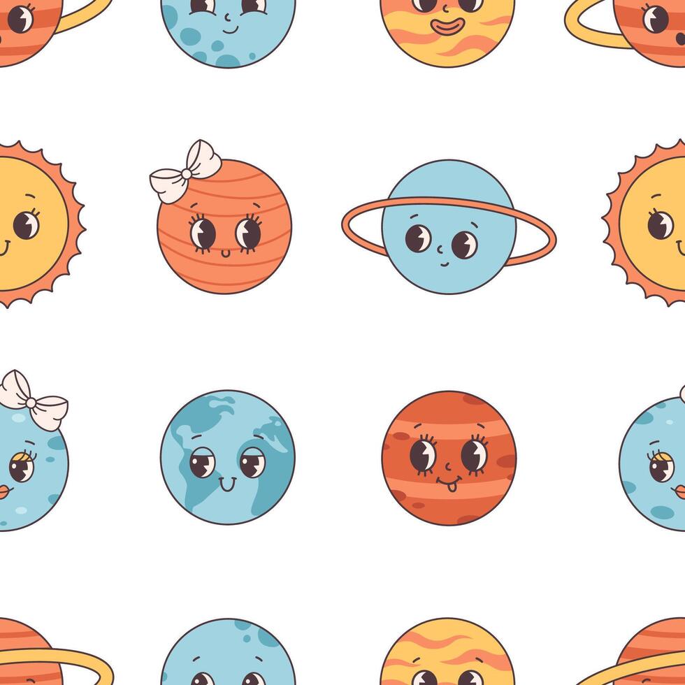desatado padronizar com solar sistema e espaço. desenho animado planeta personagens dentro retro estilo. vetor