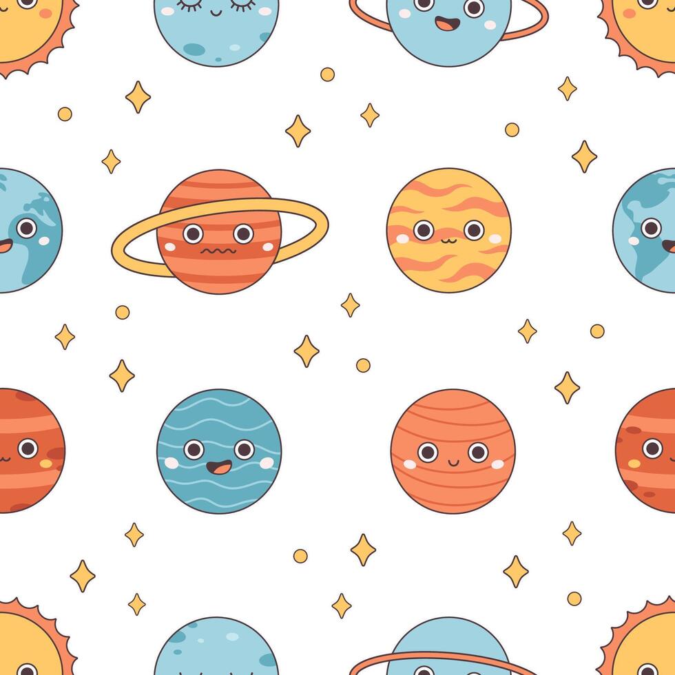 desatado padronizar com solar sistema e espaço. na moda groovy desenho animado planeta personagens vetor