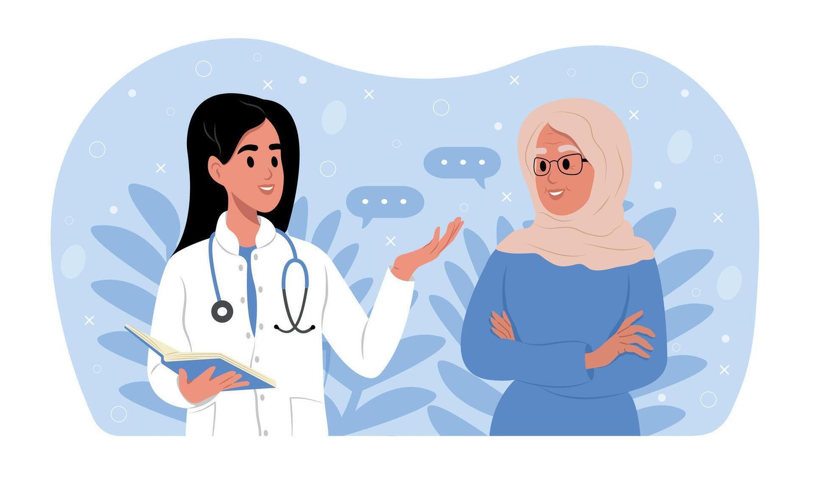 uma família médico é falando para a idosos mulher dentro uma hijab. idosos consciência do Alzheimer doença, cardiovascular doença, Câncer, osteoporose, artrite, parkinson doença, diabetes. vetor