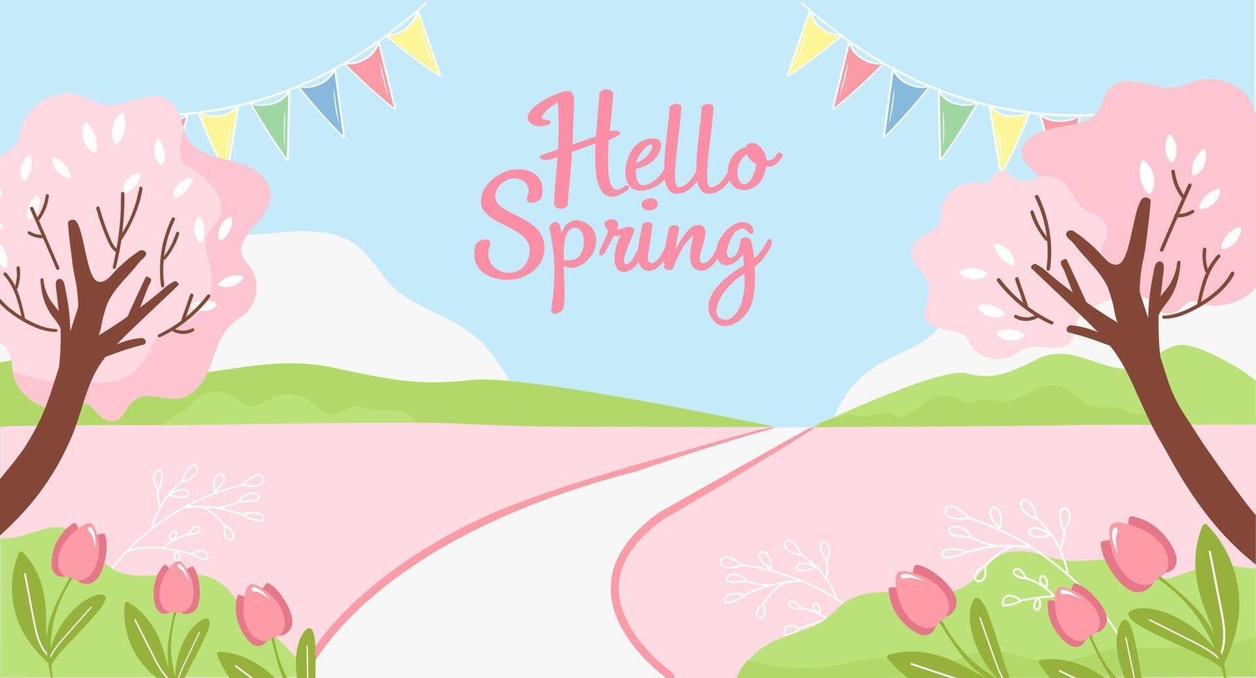 Olá Primavera. □ Gentil panorama com cereja flores. cenário ilustração fundo. vetor