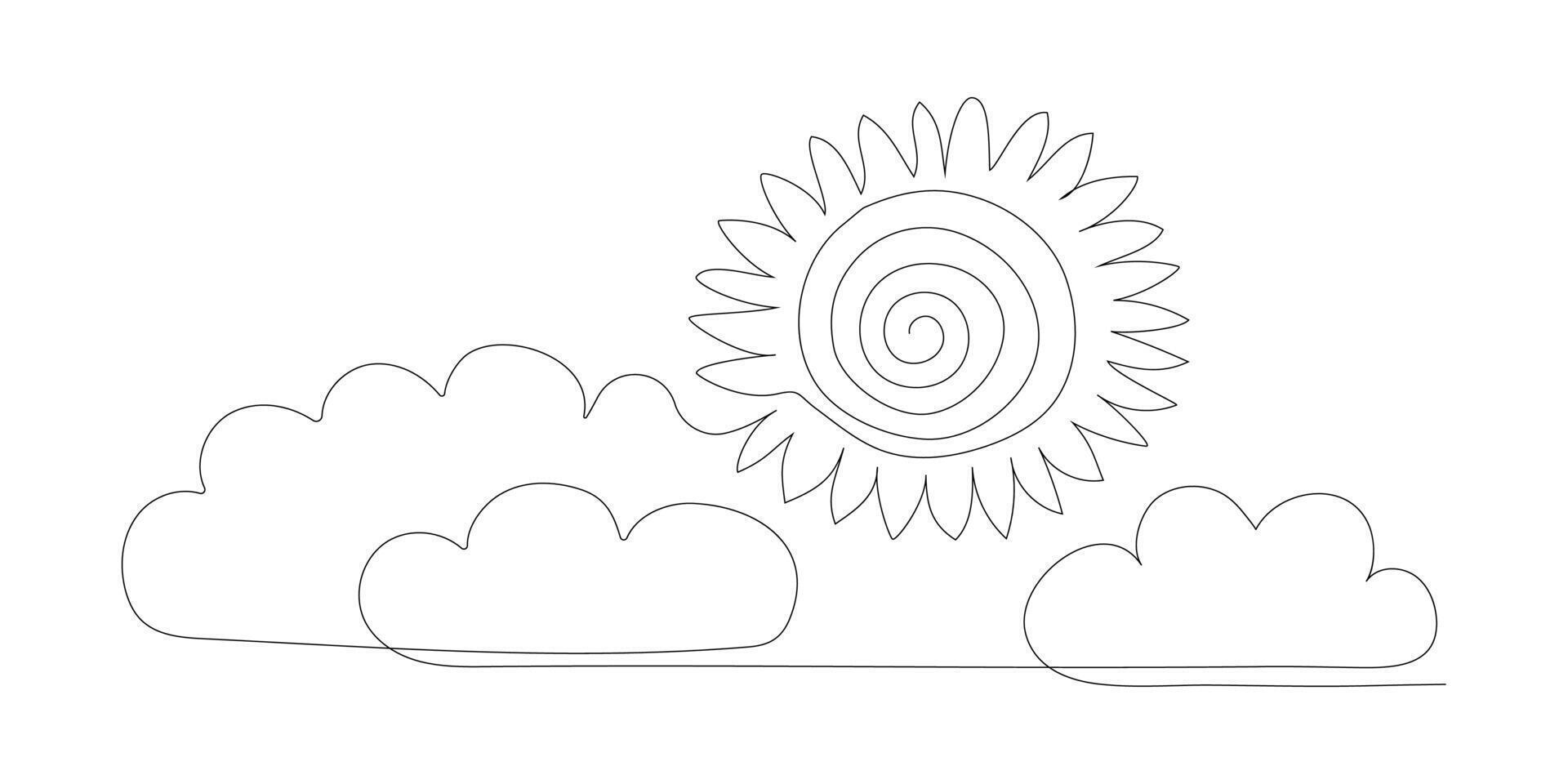 contínuo 1 linha Sol nuvem arte. solteiro linha esboço ensolarado verão viagem conceito. natureza nublado céu clima elemento, ilustração vetor