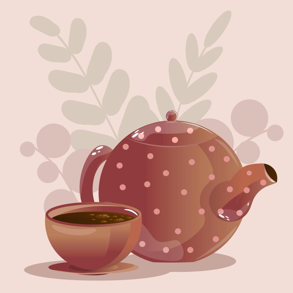 Castanho chá conjunto clipart. Sombrio polca ponto chaleira e Castanho copo em uma prato ilustração Projeto. Preto chá dentro cerâmico copo. símbolo do chaleira e arbusto ramo. vetor