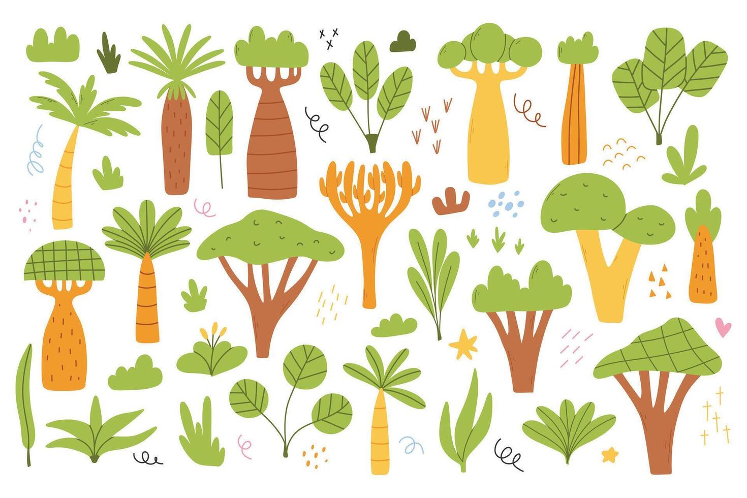 desenhado africano árvores isolado em uma branco fundo. ilustração do exótico árvores conjunto do plantas. vetor