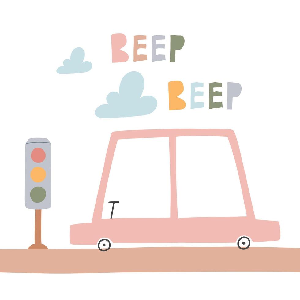 ilustração do uma carro dirigindo ao longo a estrada. desenhado à mão crianças impressão com uma carro. vetor