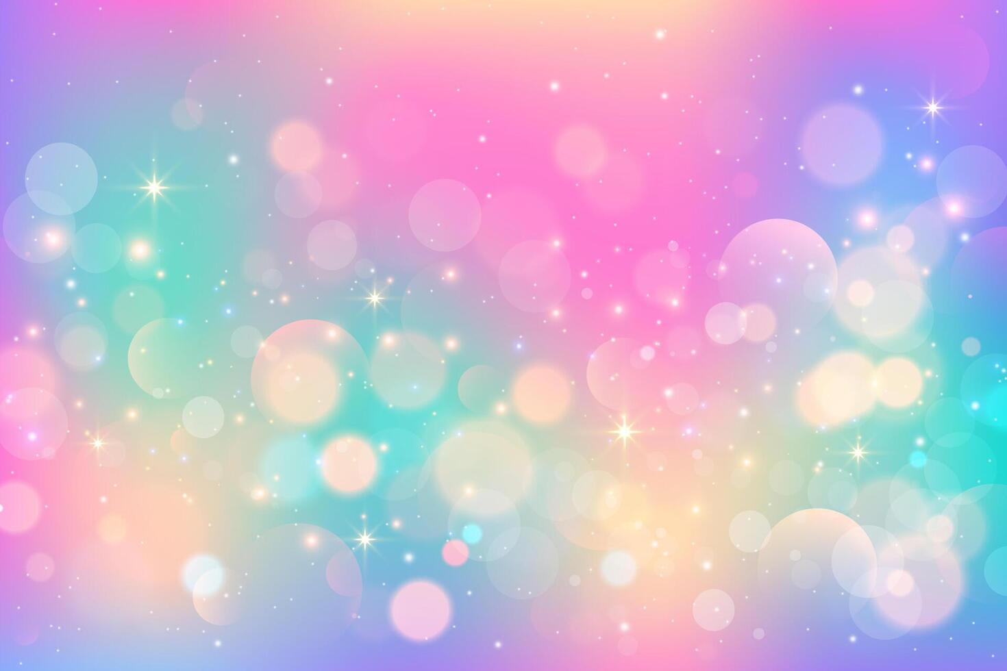arco Iris unicórnio fundo com brilhar bokeh e estrelas. pastel holográfico céu com Magia gradiente textura. iridescente papel de parede com brilhos vetor