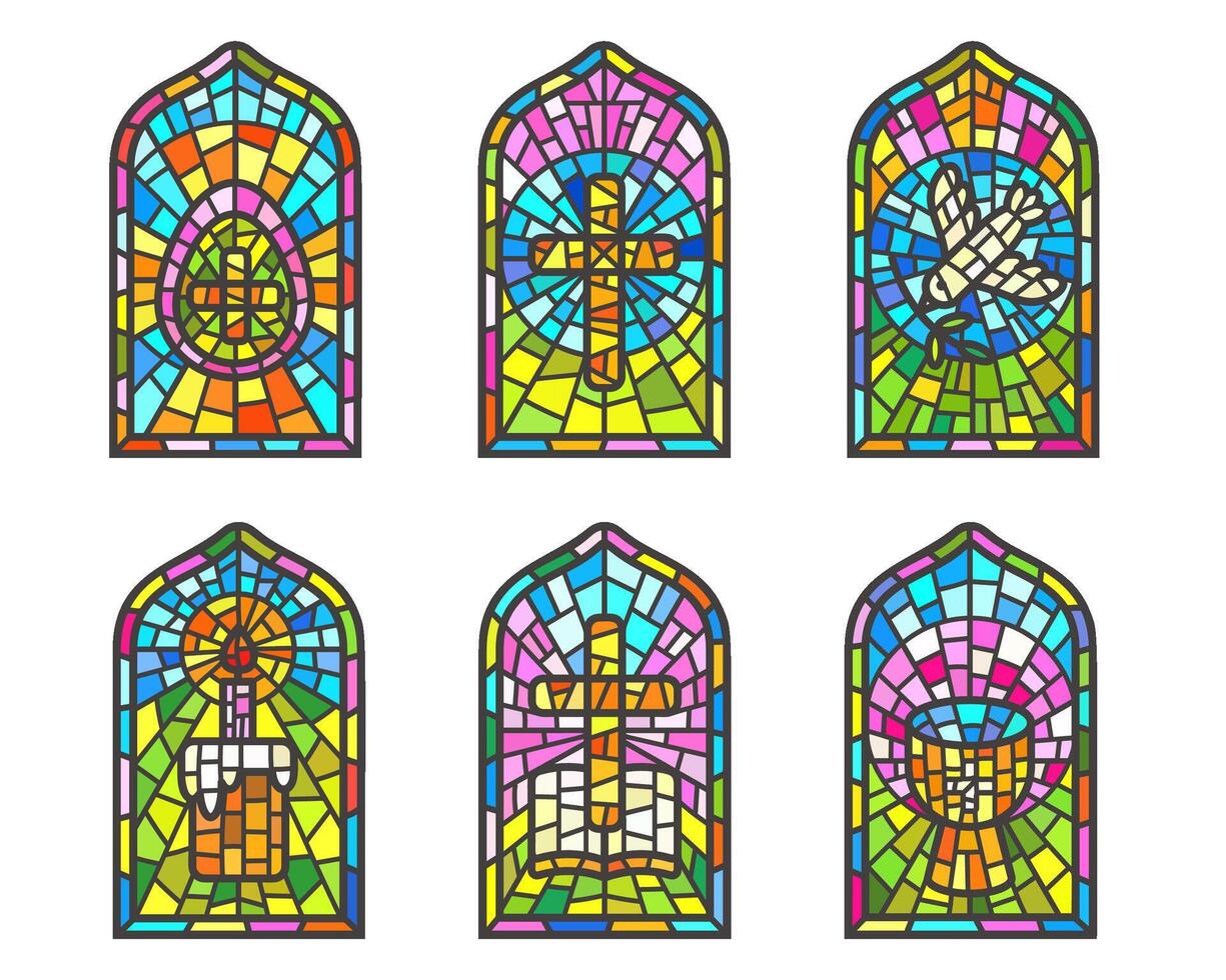 Igreja manchado janelas com religioso Páscoa símbolos. cristão mosaico vidro arcos conjunto com Cruz pomba copo e ovo vetor