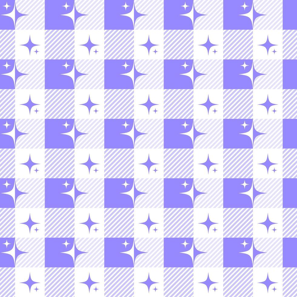 ano 2000 desatado padronizar com brilhos. geométrico xadrez Vichy fundo com abstrato estrelas. brilhante roxa Projeto vetor