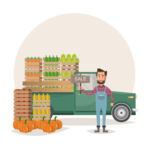 Vendendo frutas e legumes. produto de retirada e entrega de fazendeiro da fazenda orgânica para o mercado vetor