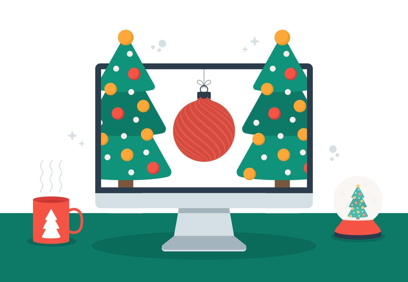 conceito de natal online. computador com árvore de feliz natal e feliz ano novo e bola na tela e decore com copo e bola de neve mágica ilustração vetorial plana vetor