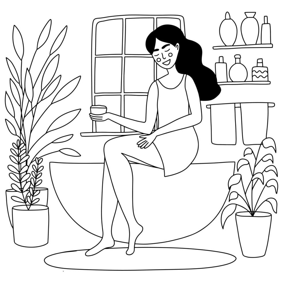 mulher dentro banheiro aplicando corpo creme coloração página vetor