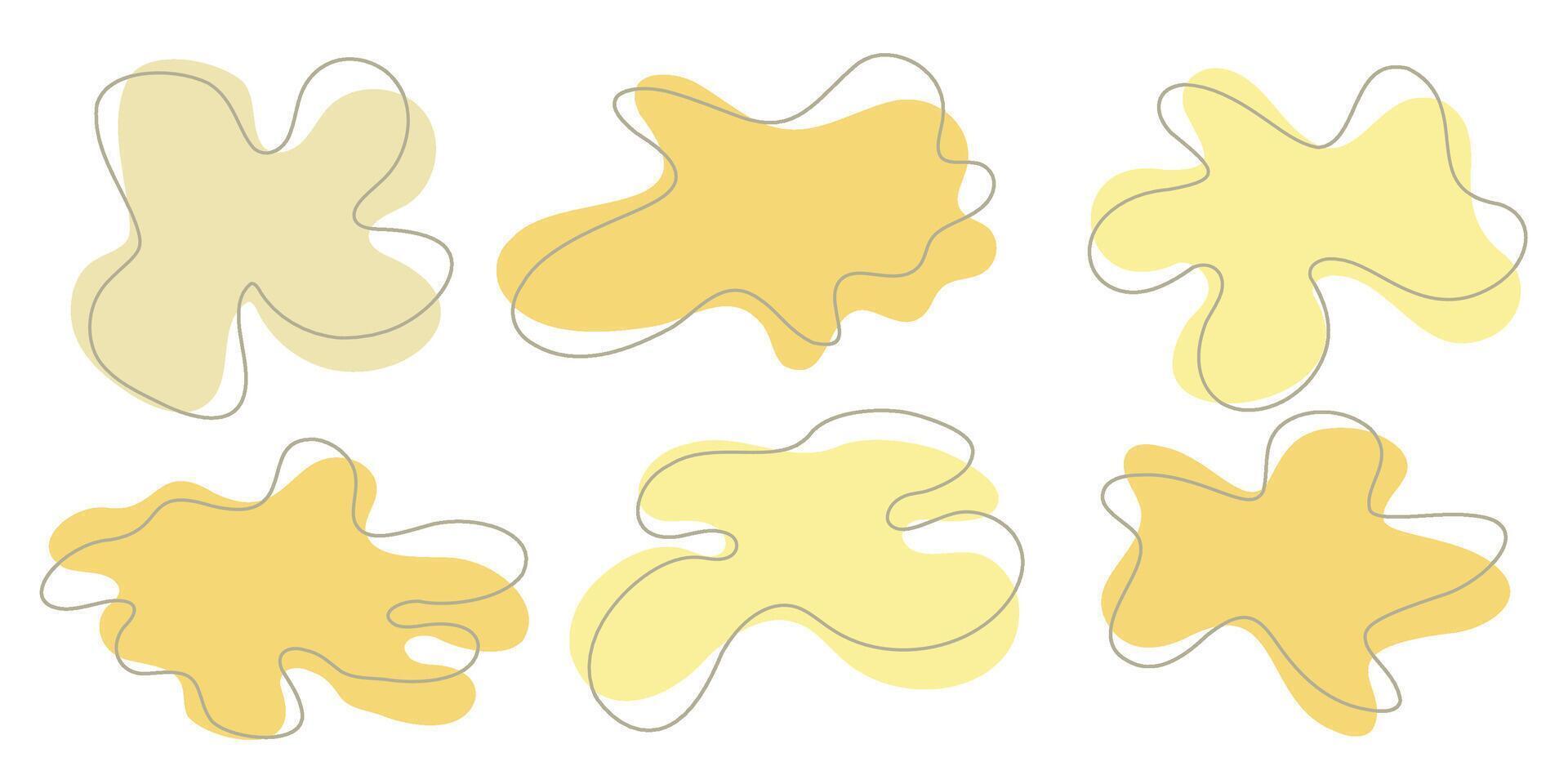 conjunto do orgânico irregular blob formas com acidente vascular encefálico linha. amarelo aleatória deformar local fluido círculo isolado em branco fundo orgânico ameba rabisco elementos. abstrato arredondado formulários ilustração. vetor