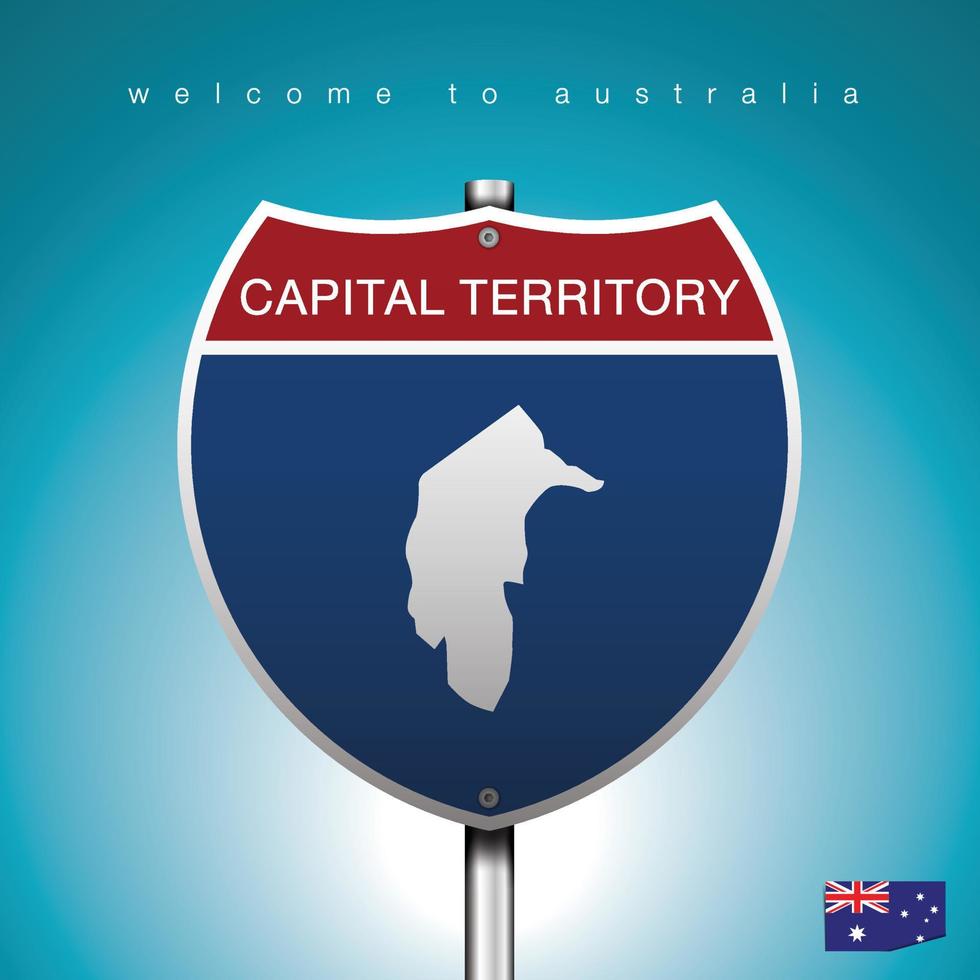 um sinal de estrada estilo américa com o estado da Austrália, com fundo verde turquesa e mensagem, território e mapa da capital, ilustração de imagem de arte vetorial vetor