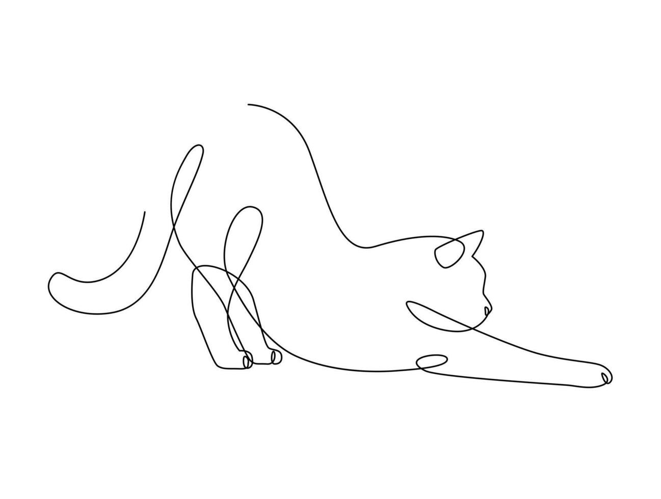 contínuo linha desenhando gato alongamento. lado Visão solteiro linear decorativo Projeto conceito. gato dentro 1 linha para logotipo, anúncio. Projeto ilustração. vetor