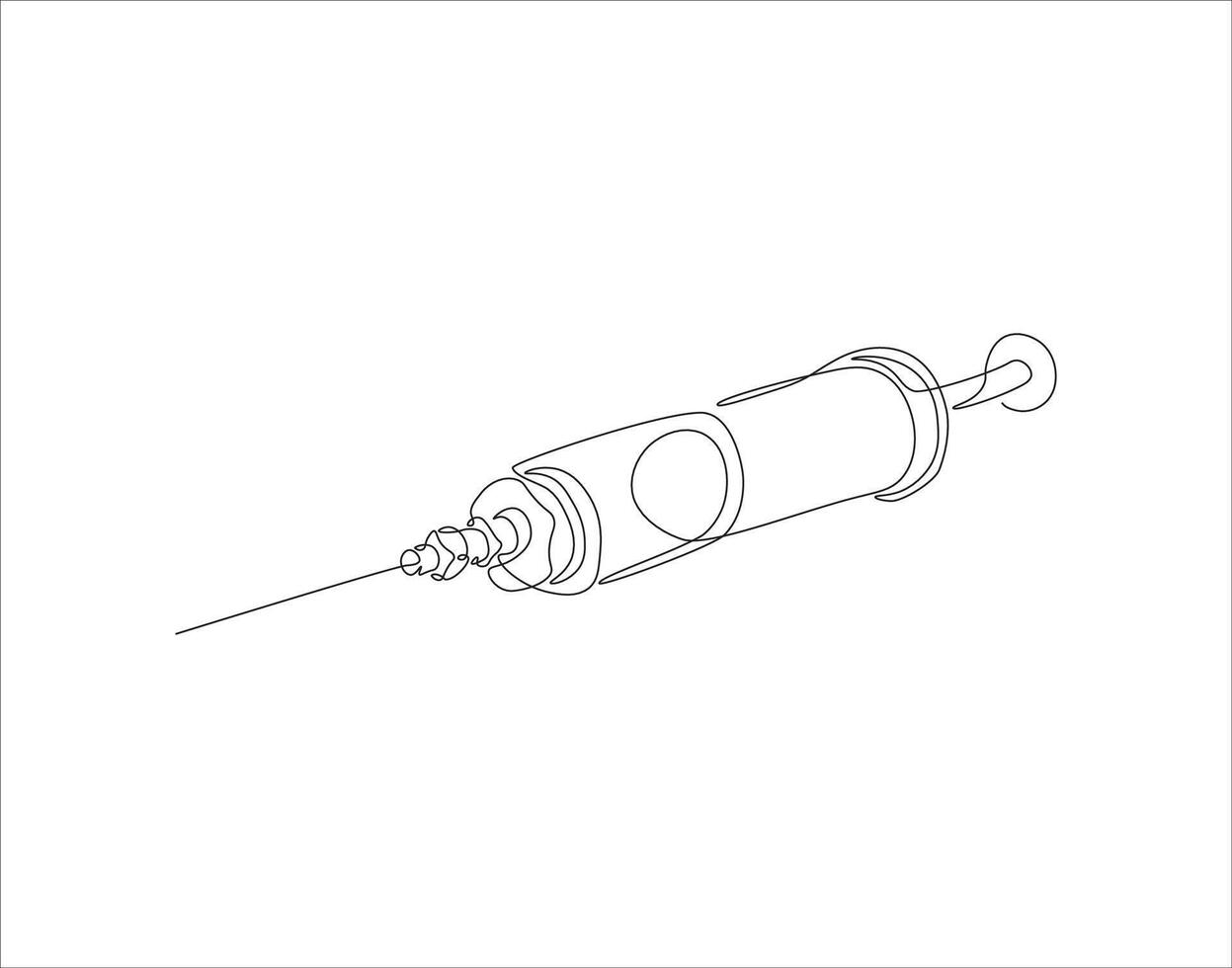 contínuo linha desenhando do seringa para injeções. 1 linha do seringa. injetar contínuo linha arte. editável contorno. vetor