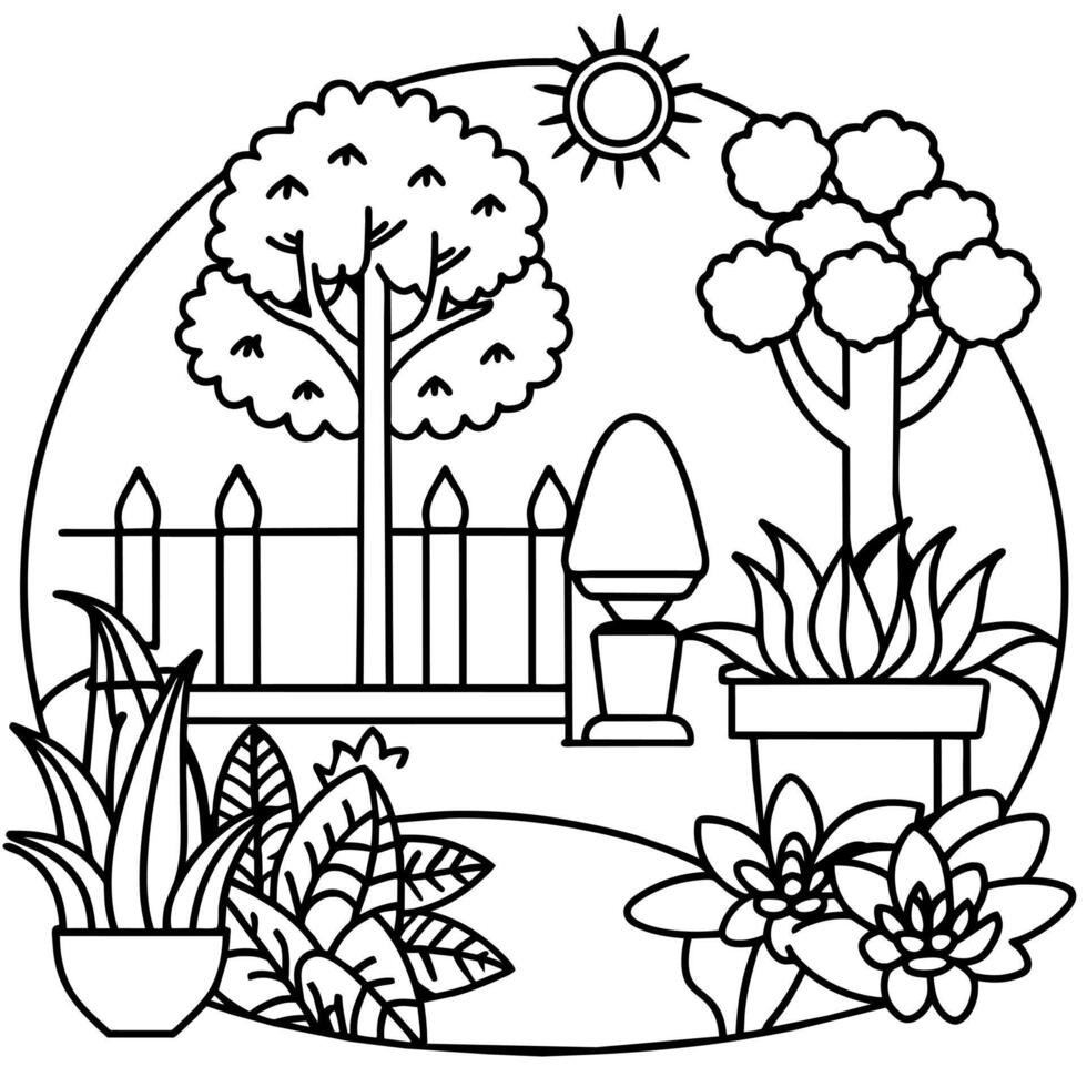 jardim esboço ilustração digital coloração livro página linha arte desenhando vetor