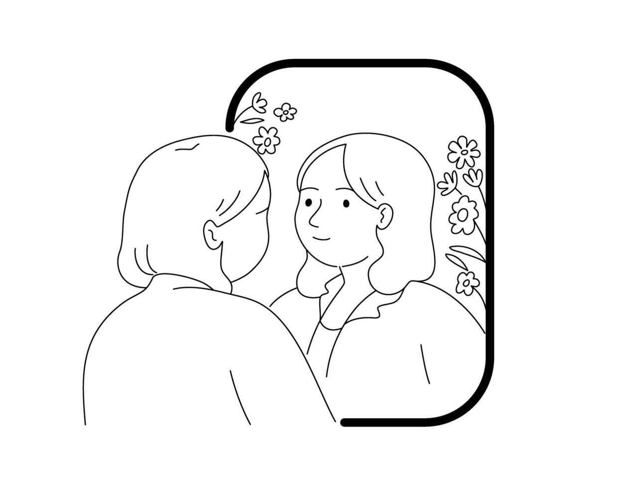 isolado do uma mulher fazendo positivo auto conversa dentro frente do espelho com flores, Preto esboço desenho animado estilo. vetor