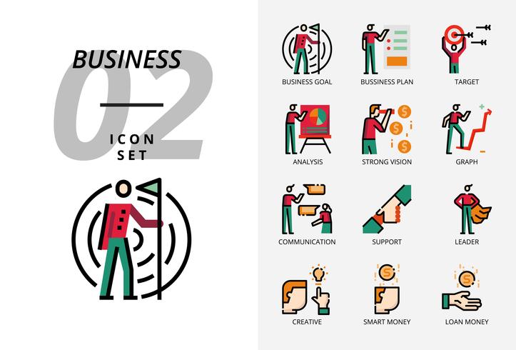 Pacote de ícone para negócios e estratégia, objetivo de negócio, plano de negócios, alvo, analista, visão forte, gráfico, comunicação, suporte, líder, criativo, dinheiro esperto, dinheiro de empréstimo. vetor