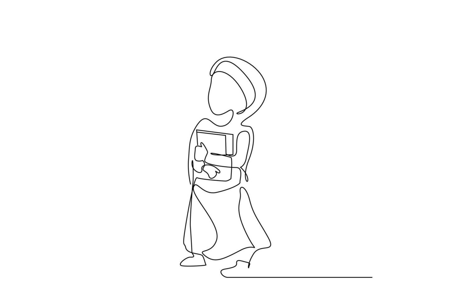 aluna muçulmano pequeno menina dentro hijab segurando uma livro feliz Educação vida linha arte Projeto vetor