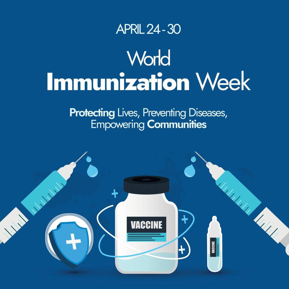 mundo imunização semana. mundo imunização semana 2024 consciência bandeira com fofa ícones do seringa, vacina garrafa, proteção escudo dentro Sombrio azul tema cor. para proteger pessoas do contra doenças. vetor
