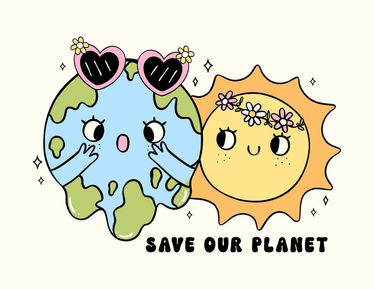 retro terra dia, derretido globo e Sol pastel rabisco desenhando desenho animado personagem, Salve  nosso planeta camisa Projeto imprimível. vetor