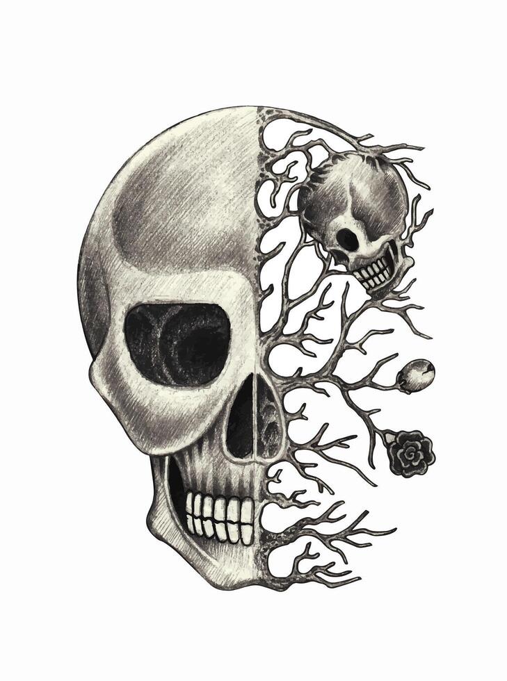 crânio tatuagem surreal arte Projeto de mão desenhando em papel. vetor