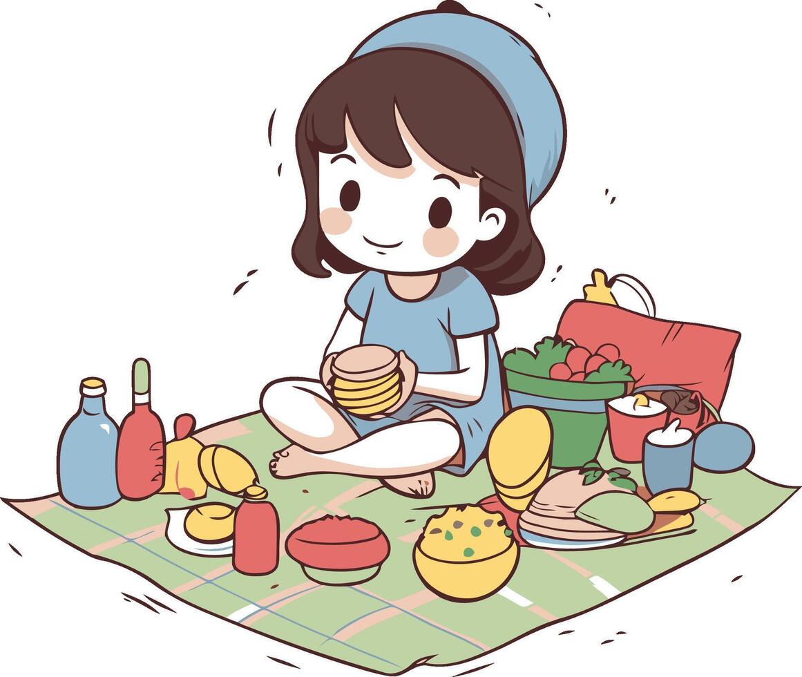 ilustração do uma criança jogando com dela Comida dentro a piquenique vetor