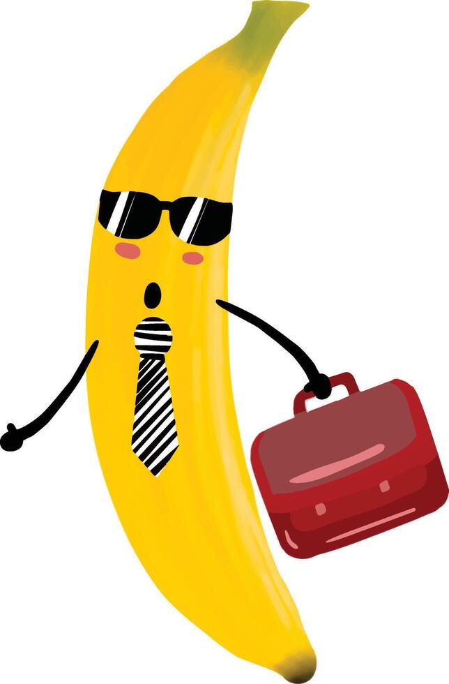 mão desenhado ilustração, uma engraçado banana vai para escritório carregando uma saco e vestindo uma gravata. perfeito para Comida logotipo, camiseta, engraçado personagem caixa, ícone. vetor