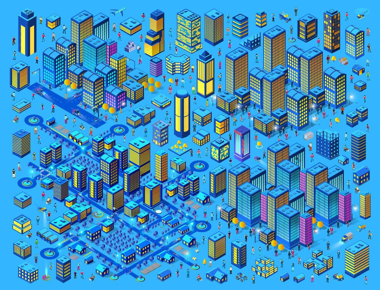 isométrico urbano megalópole topo Visão do a cidade a infraestrutura cidade, rua moderno, real estrutura, arquitetura 3d ilustração elementos diferente edifícios vetor