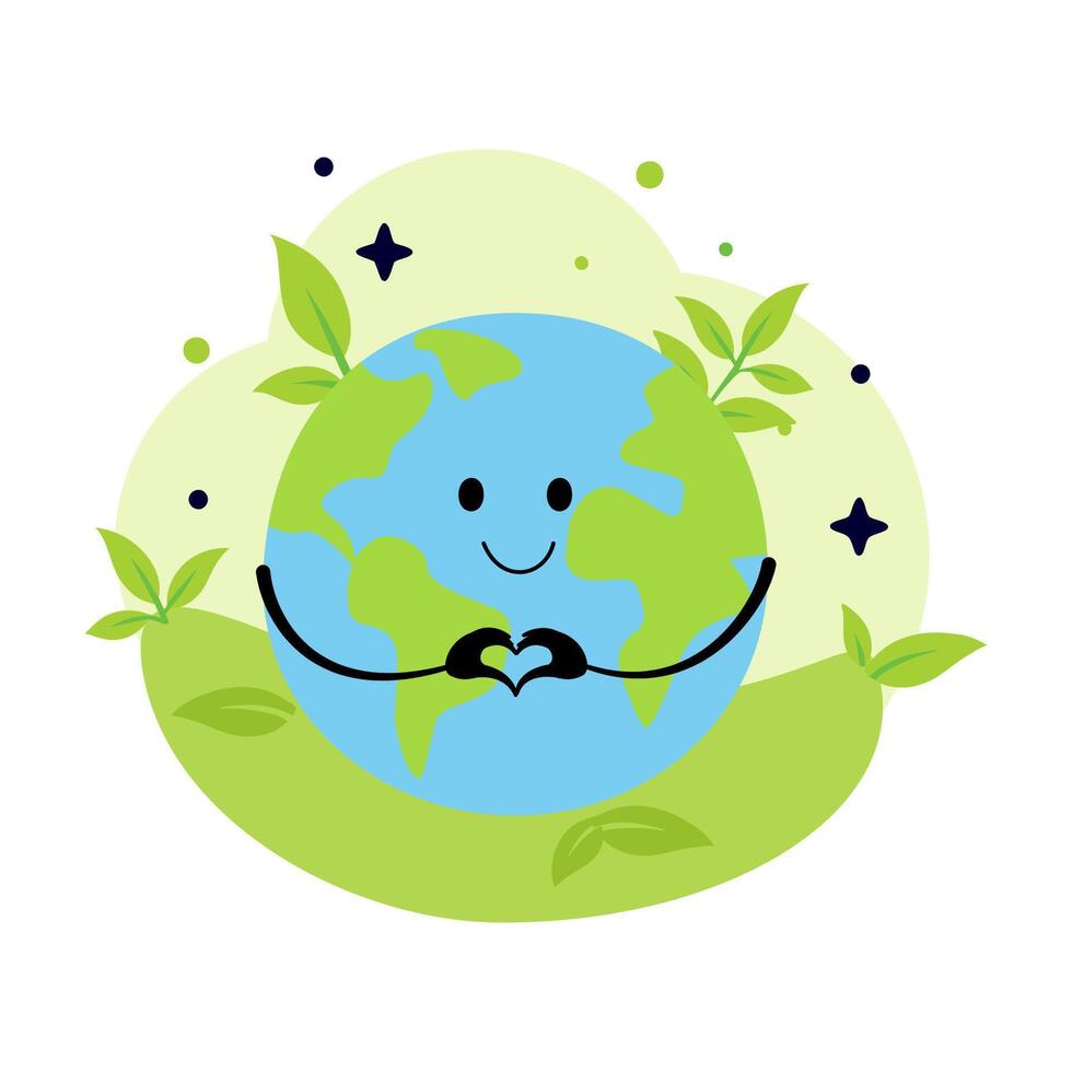 fofa sorridente terra planeta com coração isolado em branco fundo. terra dia, mundo meio Ambiente dia conceito Projeto. desenho animado personagem ilustração. vetor