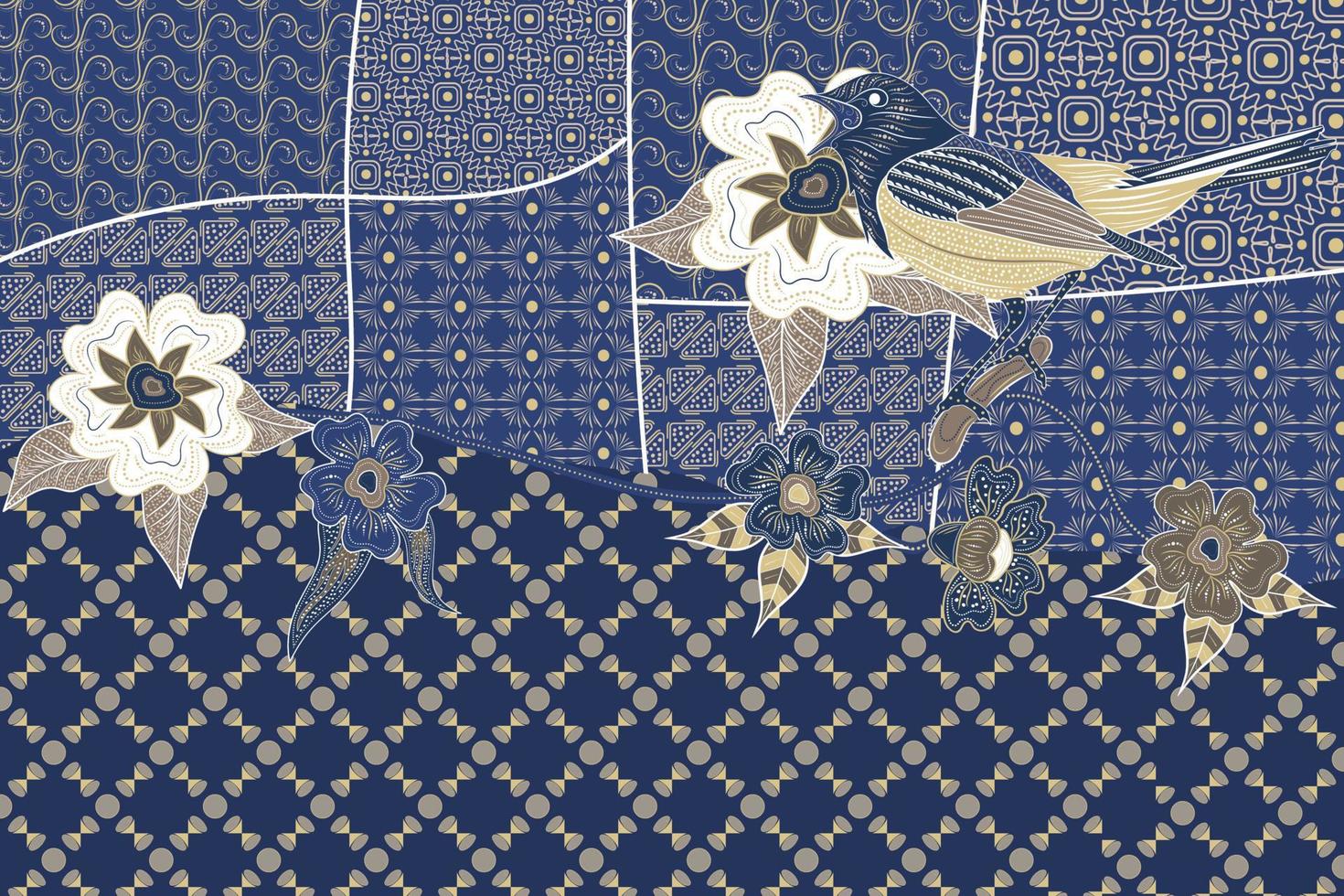 batik abstrato tradicional com belos motivos. batik para tecido de padrão têxtil. criativo de cor azul batik. vetor