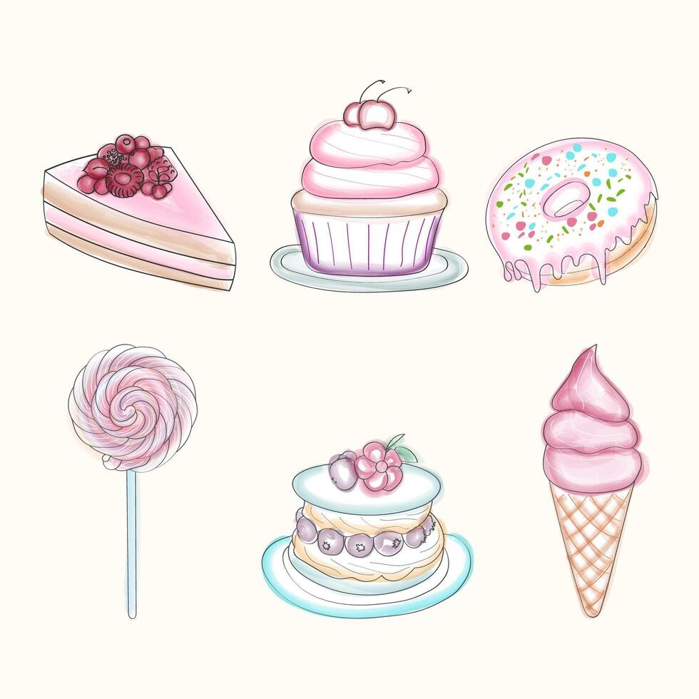 a desenhando características uma variedade do bolos e sobremesas, exibindo diferente tipos tal Como bolos de copo, tortas, tortas, e pastelaria dentro uma colorida e detalhado ilustração vetor