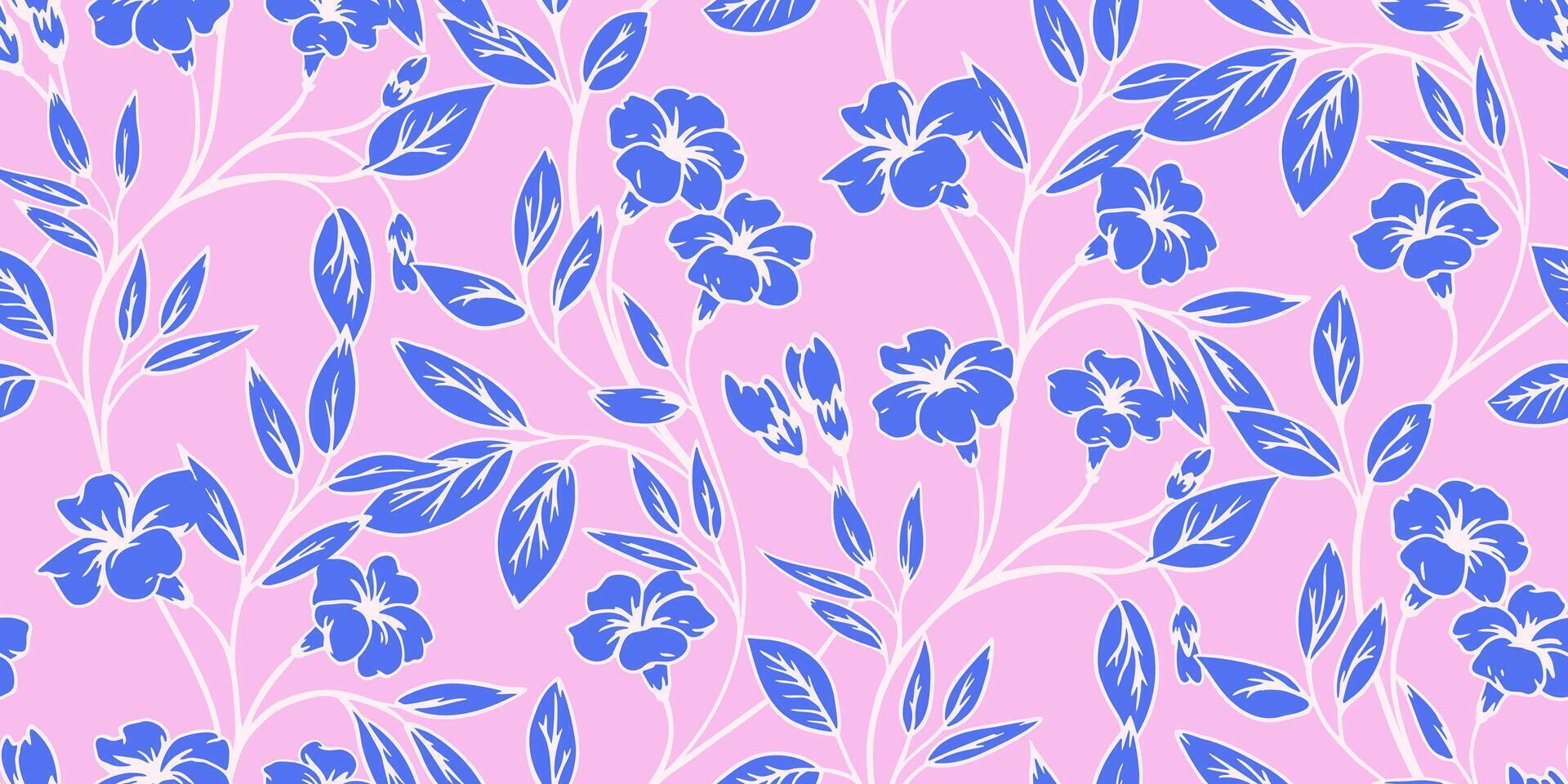 criativo silhuetas azul floral hastes desatado padronizar em uma Rosa fundo. mão retirou. abstrato artístico simples servindo flores galhos com folhas impressão. modelo para projeto, têxtil, vetor